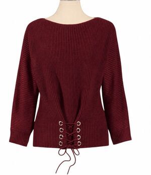 The Pyramid Collection Shaker Knit Corset Lace Up Boho Sweater Burgundy XL NEW